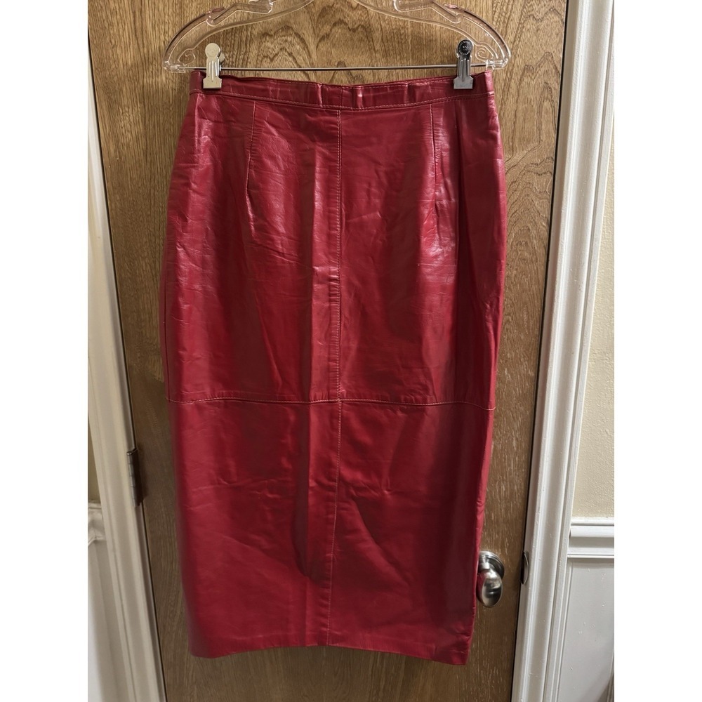 Vintage Red Leather Stitched Maxi Pencil Skirt Button Slit Sexy Sleek Size 11/12